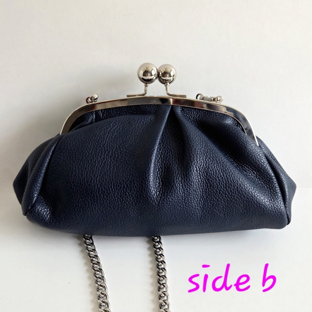 Italian Leather Navy Kisslock Clutch With Removable Silver Crossbody Chain, New - Picture 5 of 16